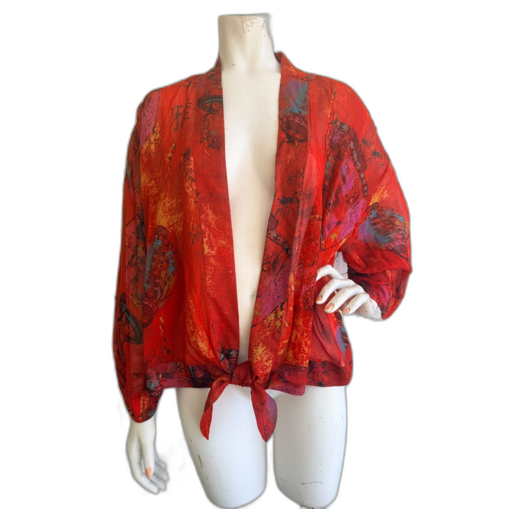 CHICO'S Silk Kimono Jacket Top Red 100% Silk Asian Art to Wear Size 2 (Large)